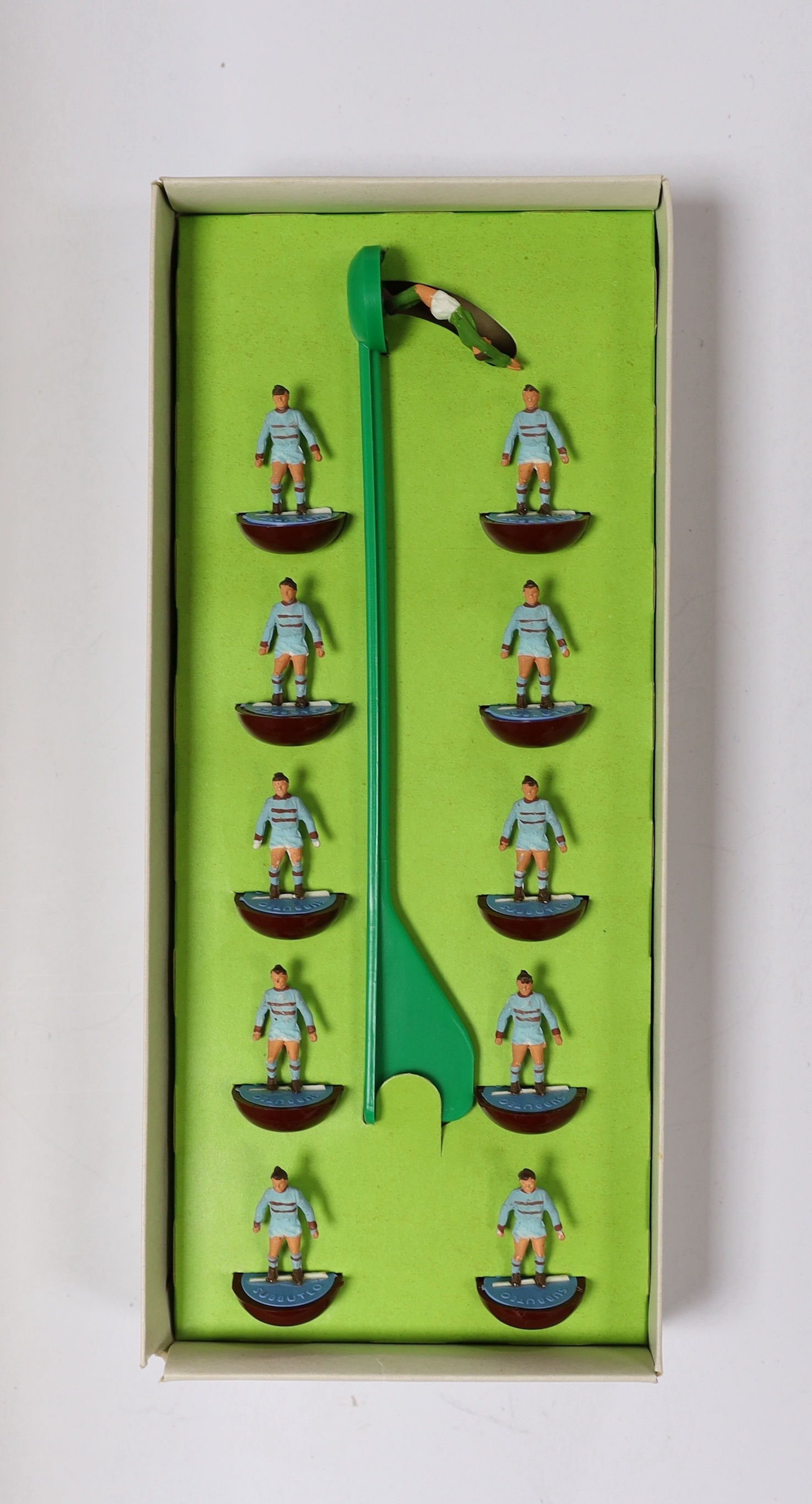 Twelve boxed Subbuteo table football teams, including; Brighton, West Ham, Manchester City, Ostende, Ajax, Fulham, etc.